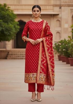 Red Zari Woven Silk Dress Material