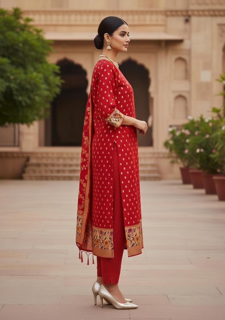 Red Zari Woven Silk Dress Material