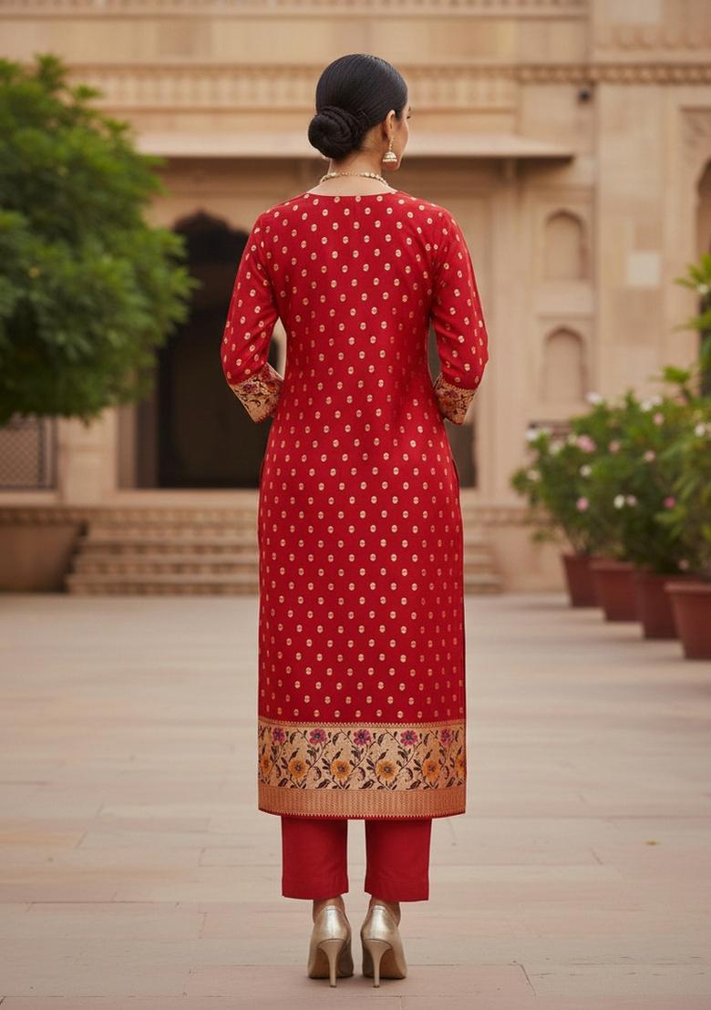 Red Zari Woven Silk Dress Material