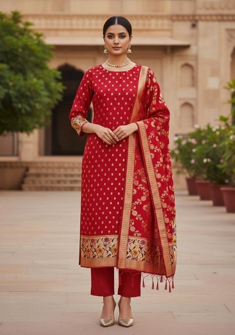 Red Zari Woven Silk Dress Material