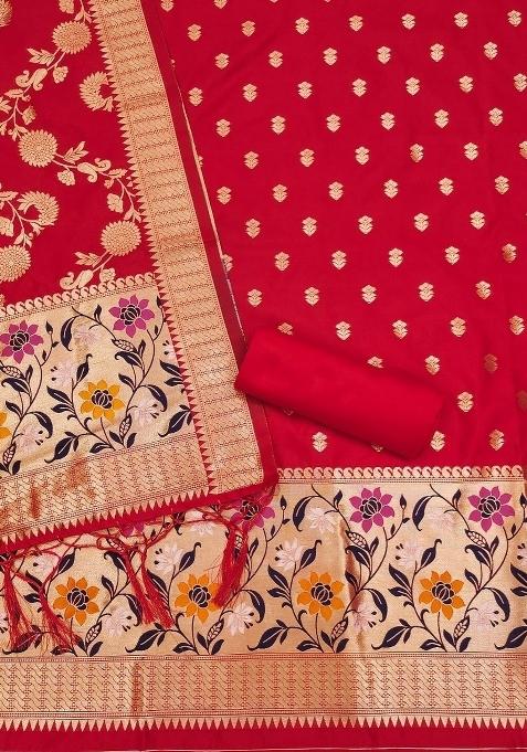 Red Zari Woven Silk Dress Material