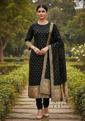 Black Zari Woven Silk Dress Material