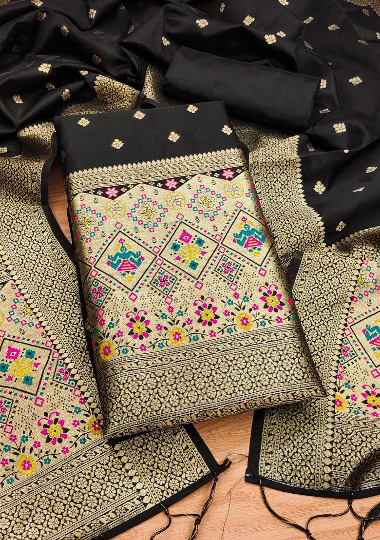 Black Zari Woven Silk Dress Material