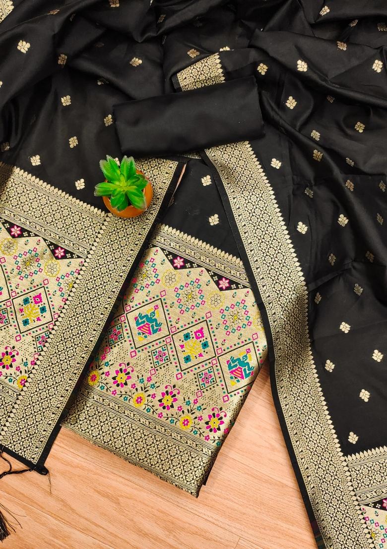 Black Zari Woven Silk Dress Material