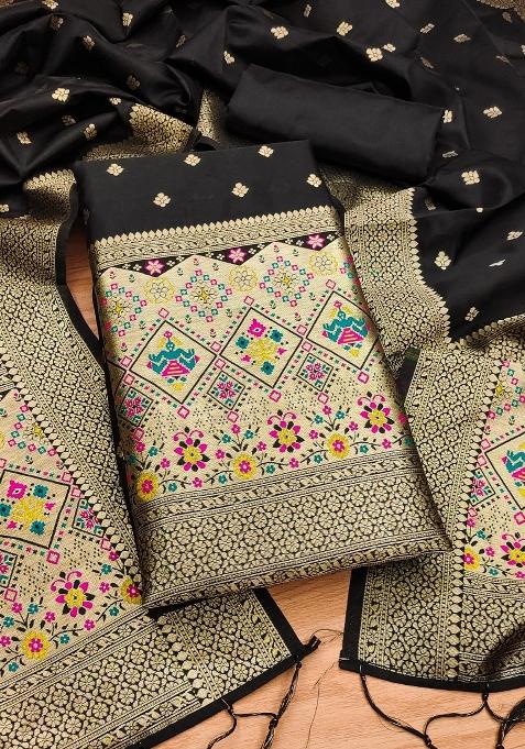 Black Zari Woven Silk Dress Material