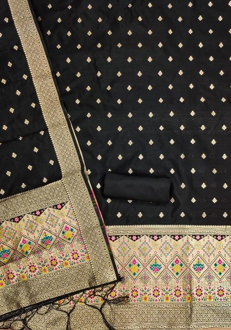 Black Zari Woven Silk Dress Material