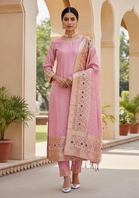 Baby Pink Zari Woven Silk Dress Material