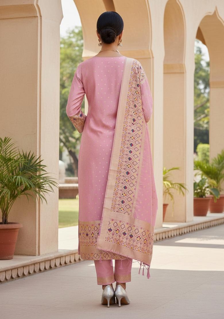 Baby Pink Zari Woven Silk Dress Material
