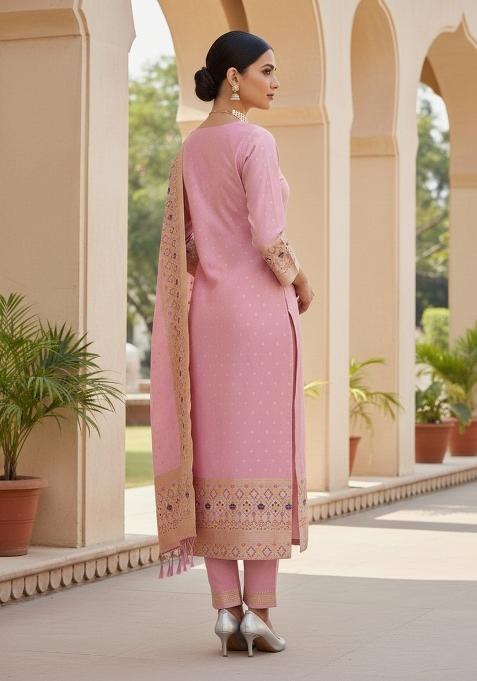 Baby Pink Zari Woven Silk Dress Material