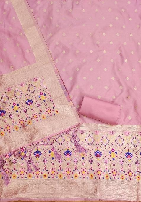 Baby Pink Zari Woven Silk Dress Material