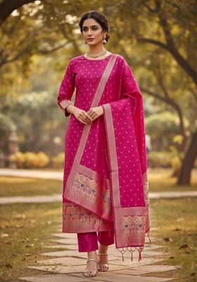 Pink Zari Woven Silk Dress Material