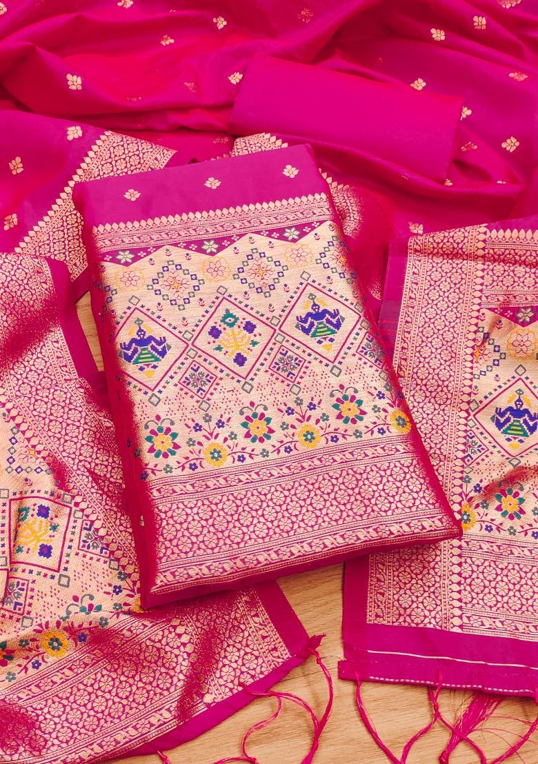 Pink Zari Woven Silk Dress Material