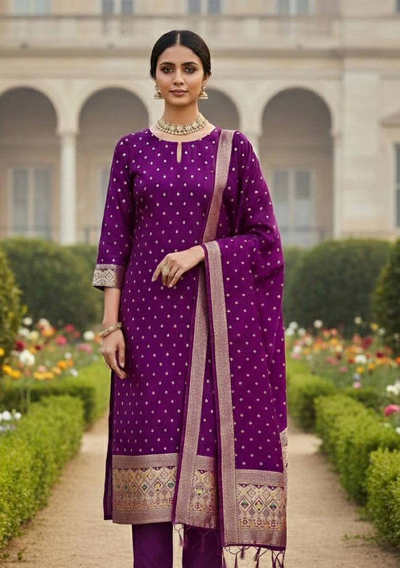 Purple Zari Woven Silk Dress Material - Indya