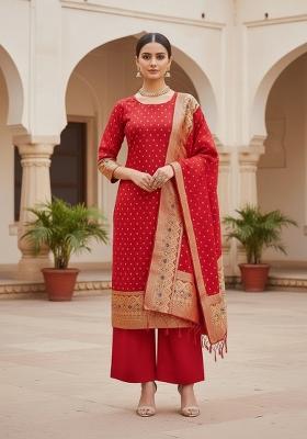 Red Zari Woven Silk Dress Material