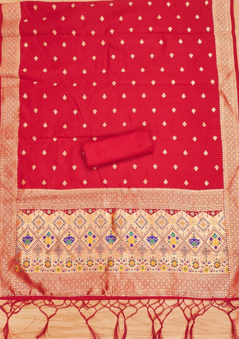 Red Zari Woven Silk Dress Material
