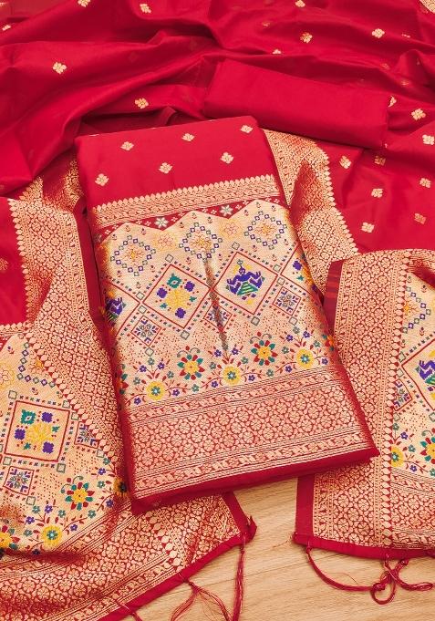 Red Zari Woven Silk Dress Material