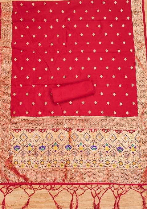 Red Zari Woven Silk Dress Material