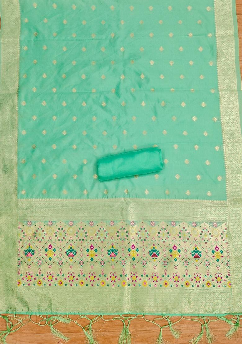 Sea Green Zari Woven Silk Dress Material