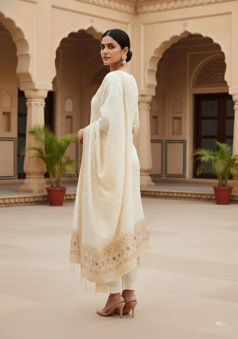White Zari Woven Silk Dress Material - Indya