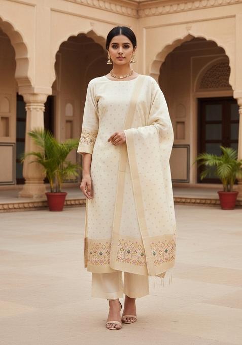 White Zari Woven Silk Dress Material