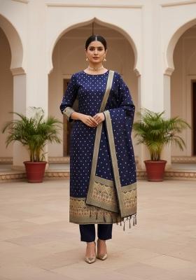 Dark Blue Zari Woven Silk Dress Material