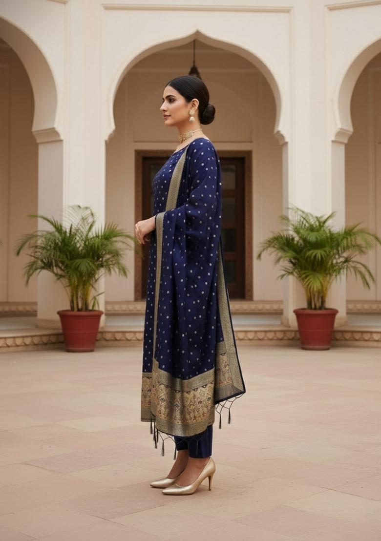 Dark Blue Zari Woven Silk Dress Material - Indya