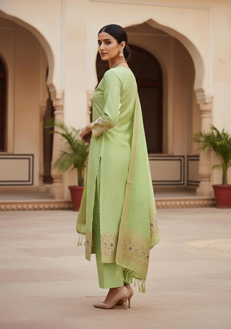 Light Green Zari Woven Silk Dress Material - Indya