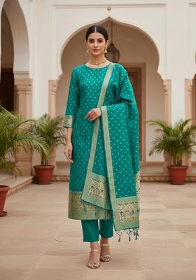 Teal Green Zari Woven Silk Dress Material
