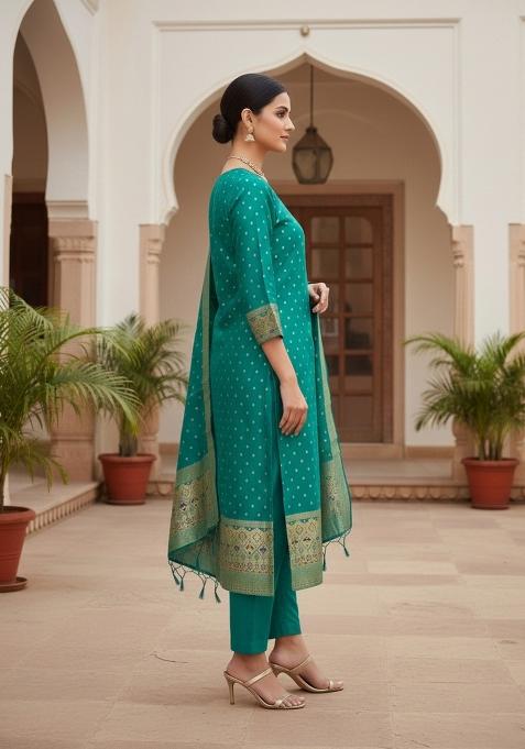Teal Green Zari Woven Silk Dress Material