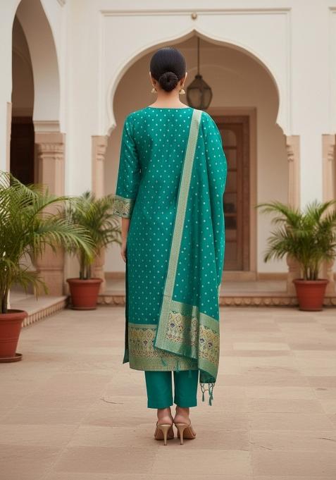 Teal Green Zari Woven Silk Dress Material