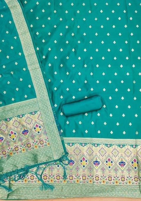 Teal Green Zari Woven Silk Dress Material