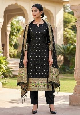 Black Zari Woven Silk Dress Material