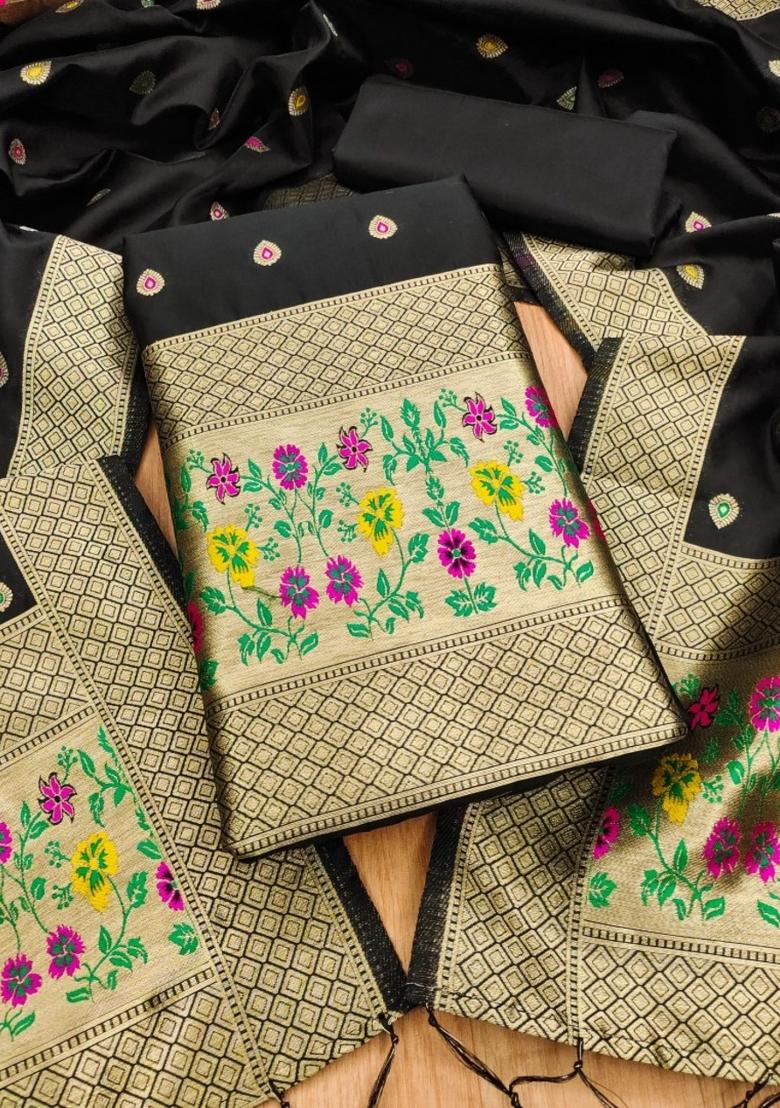 Black Zari Woven Silk Dress Material