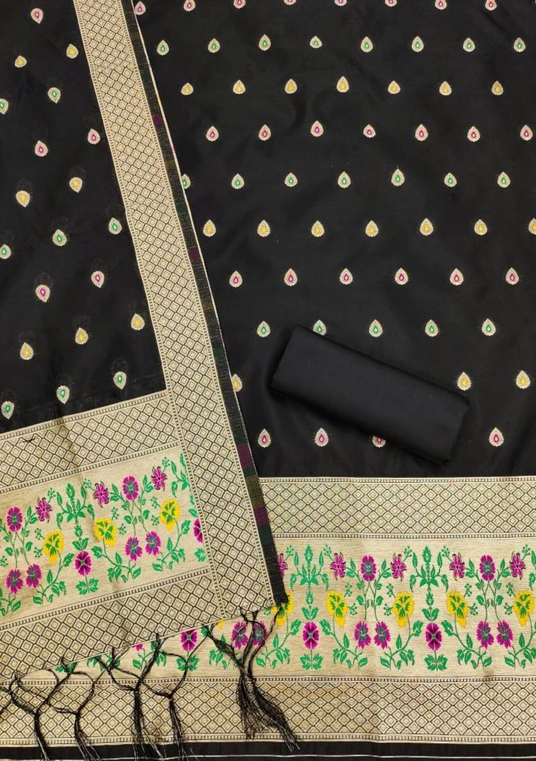 Black Zari Woven Silk Dress Material
