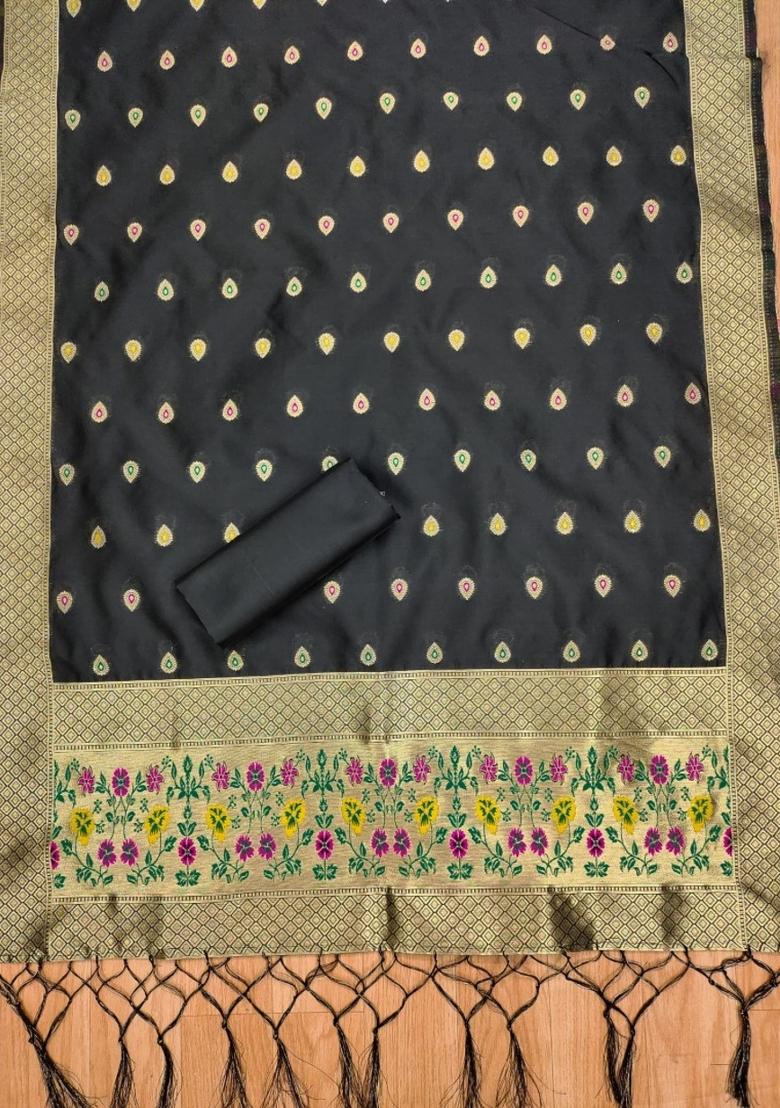 Black Zari Woven Silk Dress Material