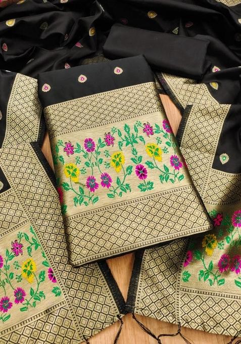 Black Zari Woven Silk Dress Material