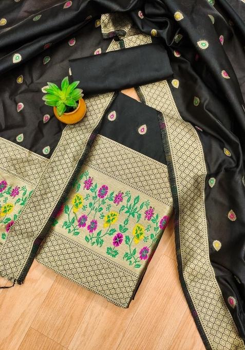 Black Zari Woven Silk Dress Material