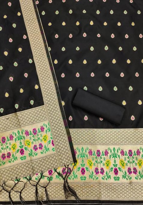 Black Zari Woven Silk Dress Material