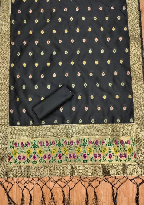 Black Zari Woven Silk Dress Material