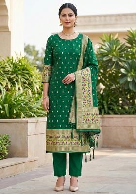 Dark Green Zari Woven Silk Dress Material