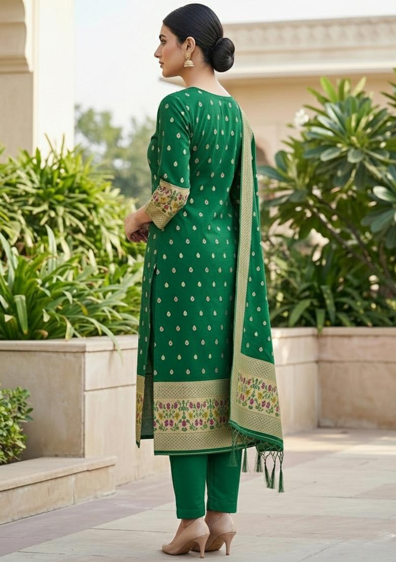 Dark Green Zari Woven Silk Dress Material - Indya