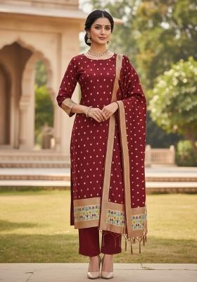 Maroon Zari Woven Silk Dress Material