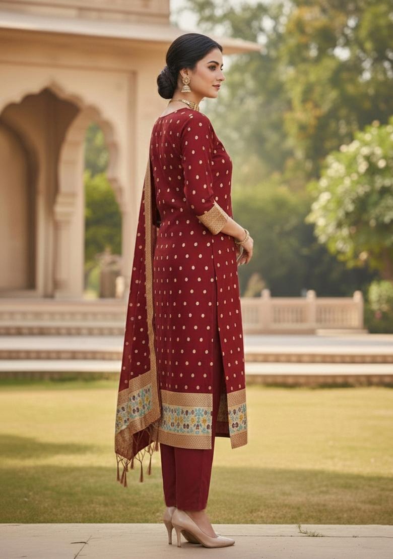 Maroon Zari Woven Silk Dress Material