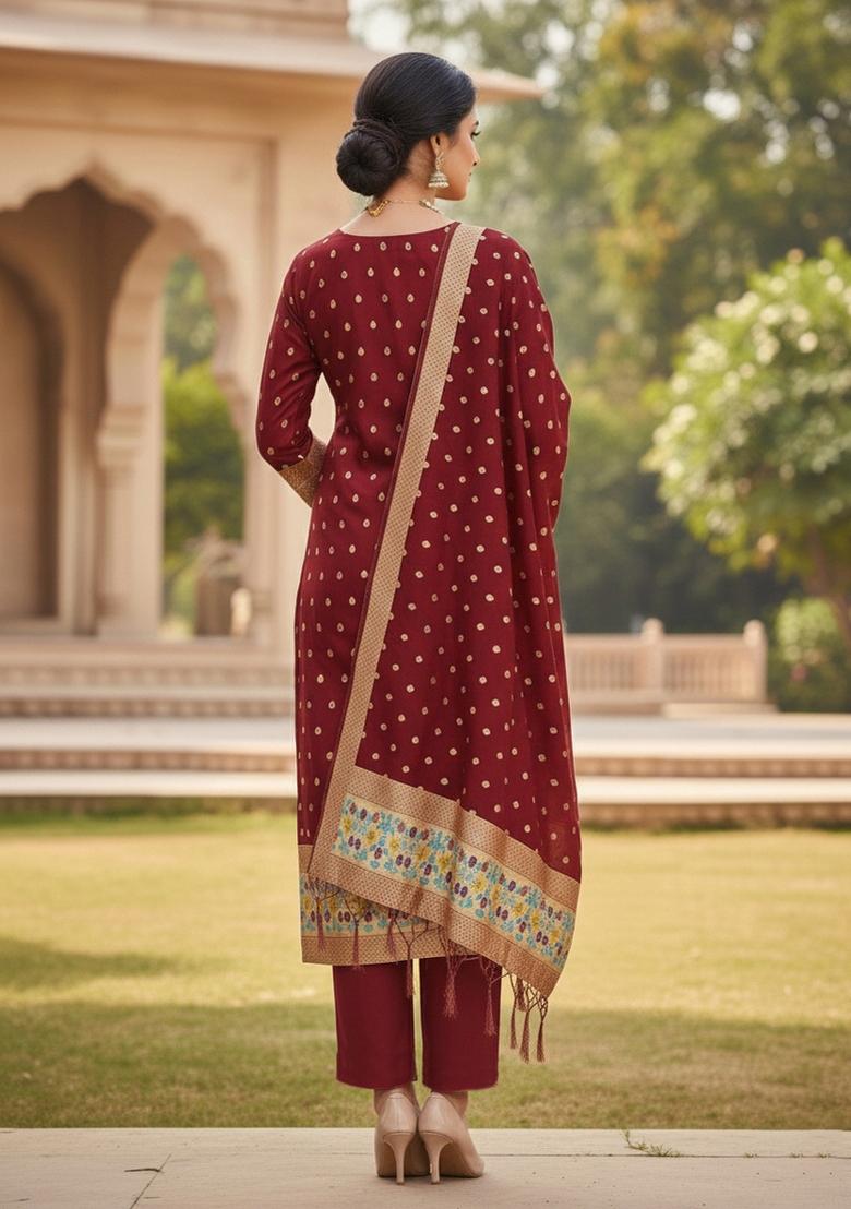 Maroon Zari Woven Silk Dress Material