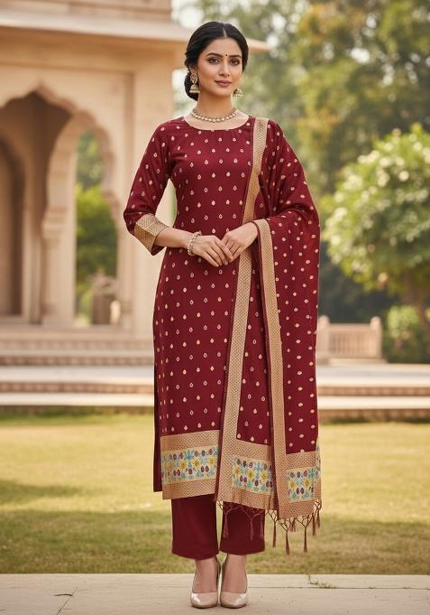 Maroon Zari Woven Silk Dress Material