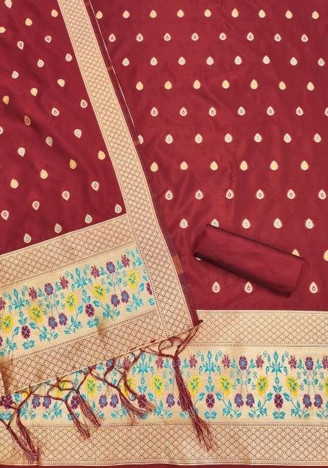 Maroon Zari Woven Silk Dress Material