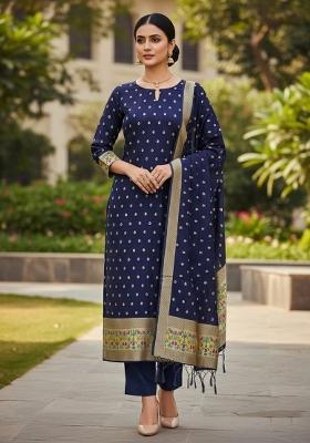 Dark Blue Zari Woven Silk Dress Material