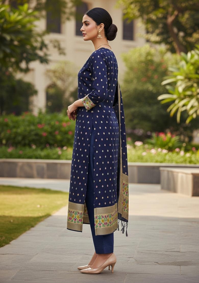 Dark Blue Zari Woven Silk Dress Material - Indya