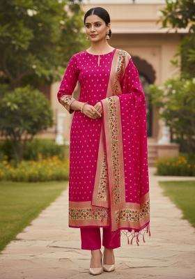 Pink Zari Woven Silk Dress Material
