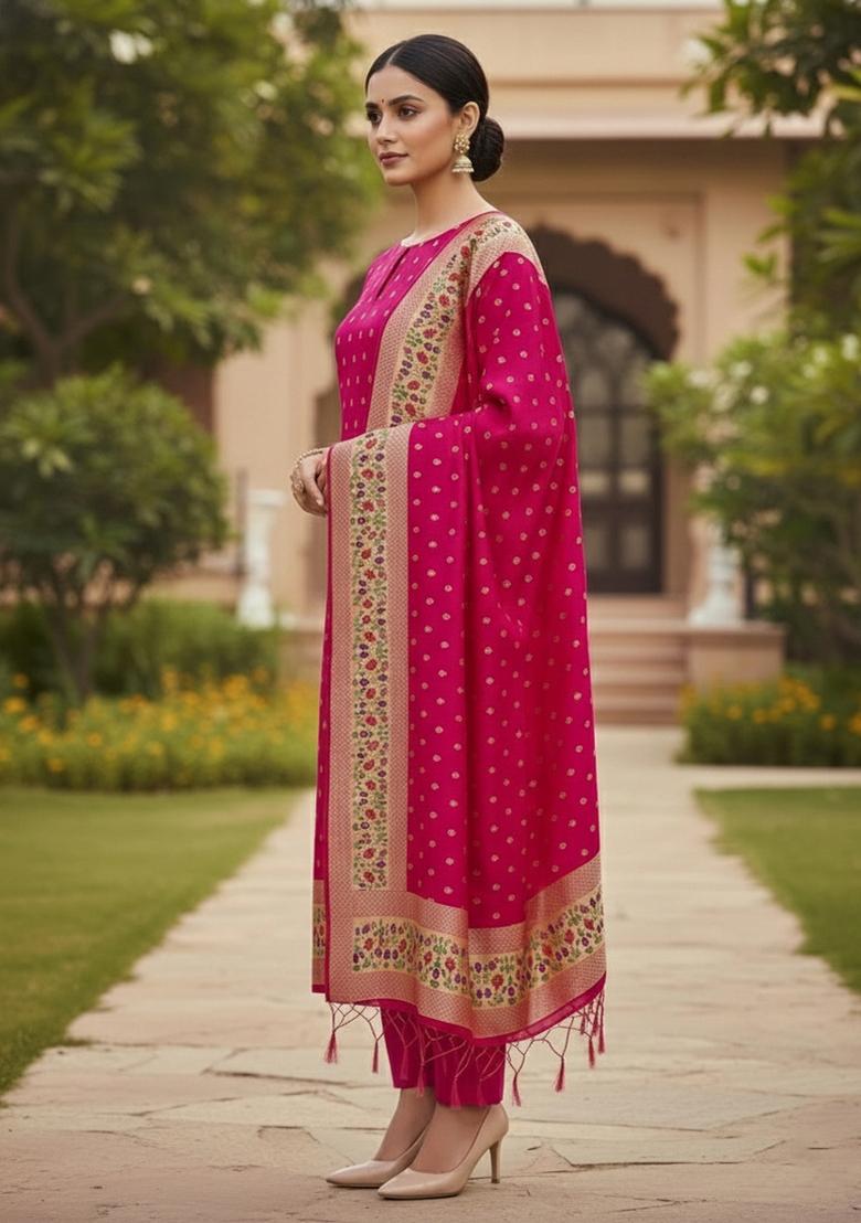 Pink Zari Woven Silk Dress Material - Indya